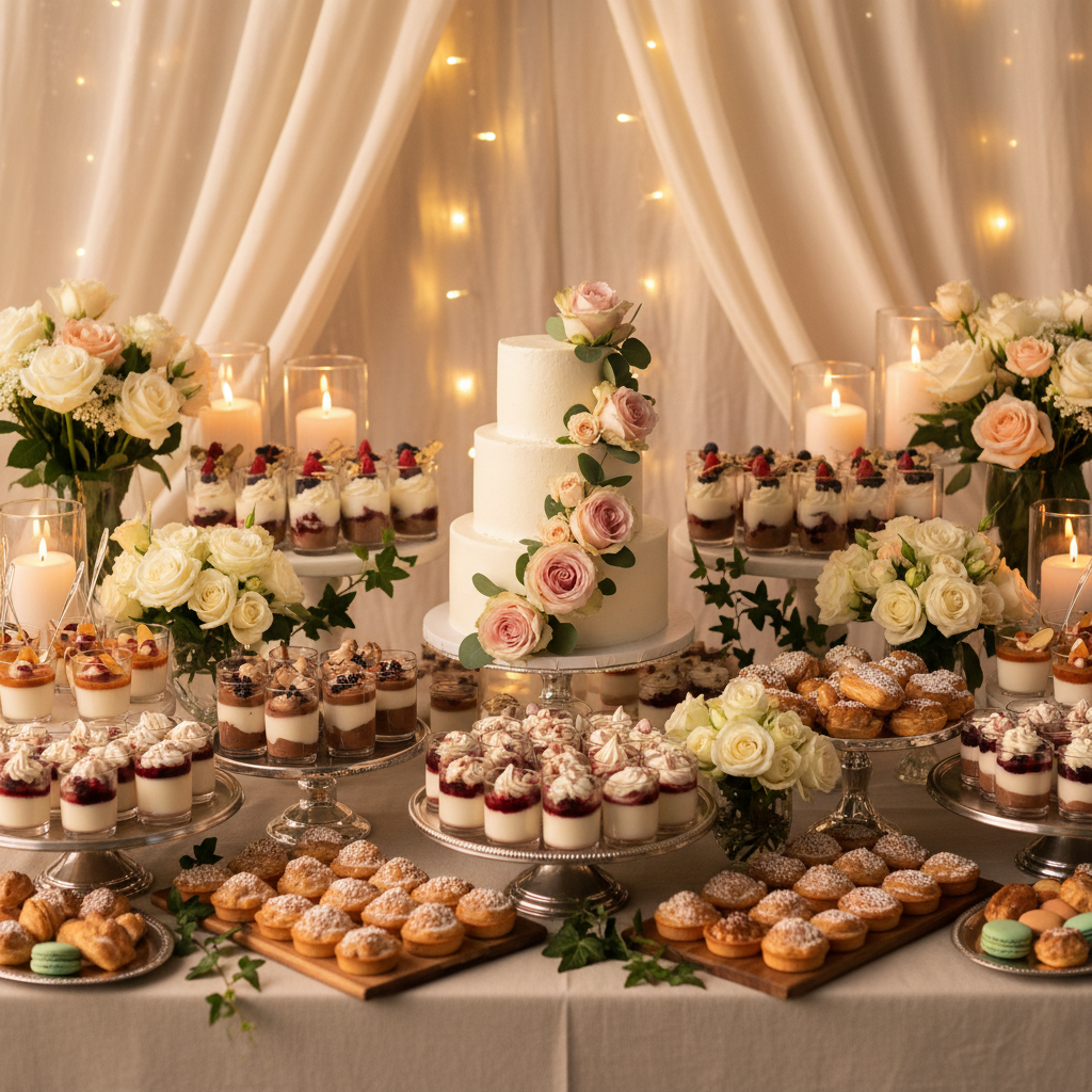 Styled dessert table with cakes and sweet treats