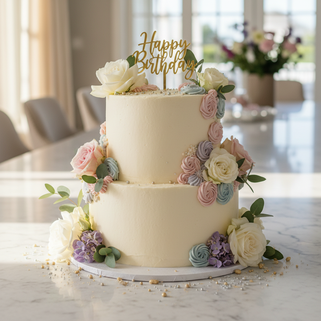 Custom celebration cake with elegant frosting and floral decorations