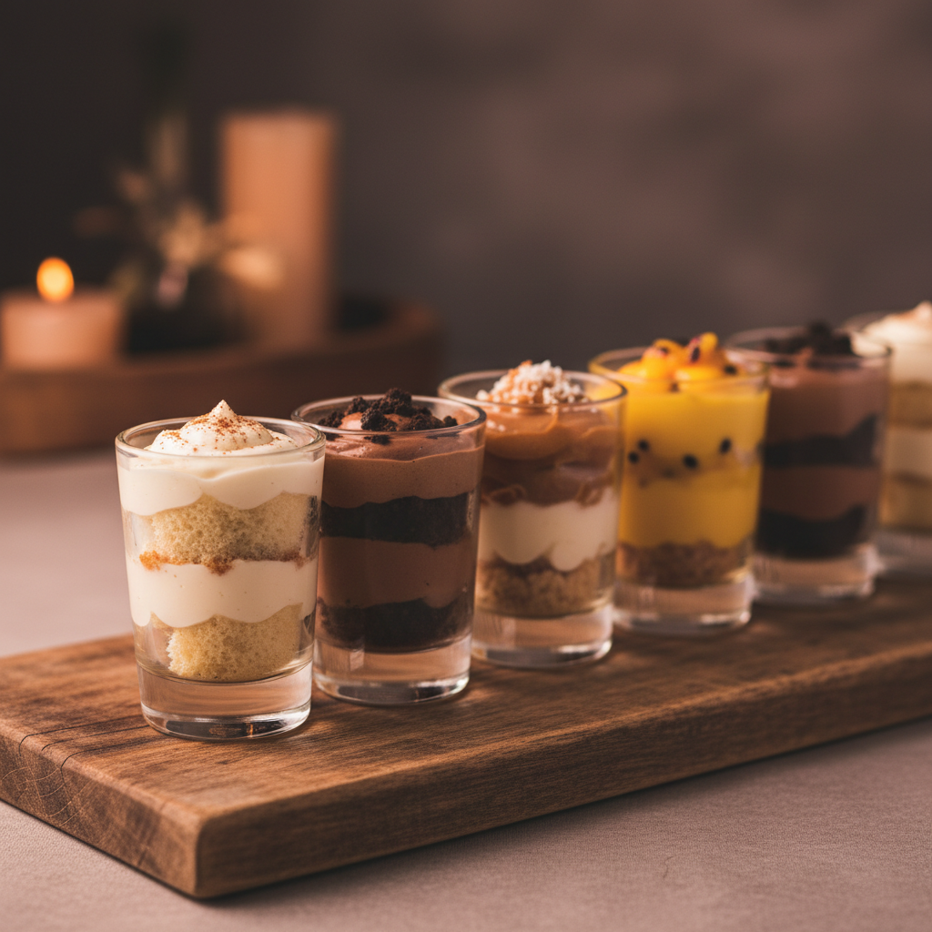 Elegant mini dessert shot glasses with layered Latin desserts